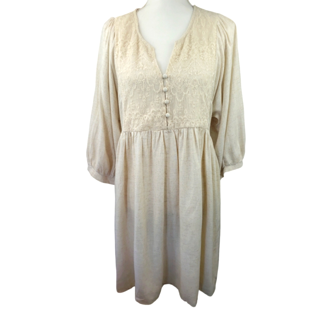 Umgee NWOT Linen Blend Dress in Oatmeal Size Large Lace-Sheer Lace Back